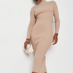 Missguided Stone Rib Knit Roll Neck Midaxi Dress